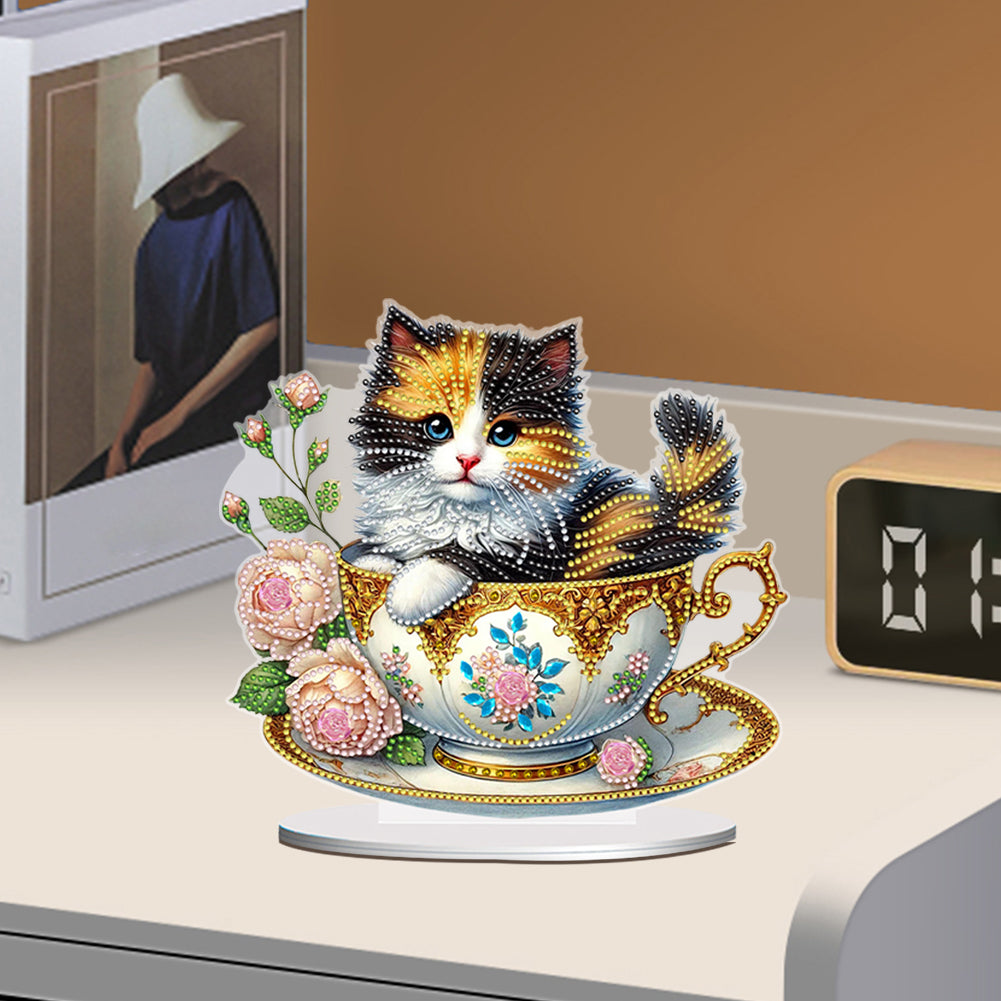 2D Flat Print Teacup Cat DIY Desktop Diamond Art Kits Bedroom Table Decoration