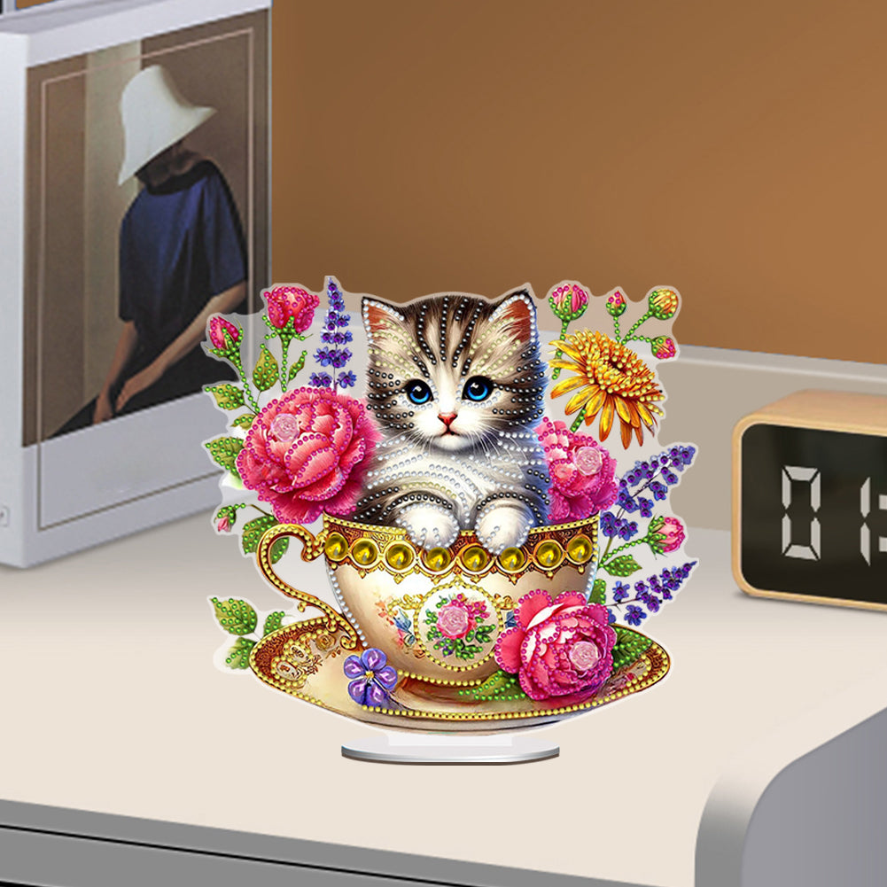 2D Flat Print Teacup Cat DIY Desktop Diamond Art Kits Bedroom Table Decoration
