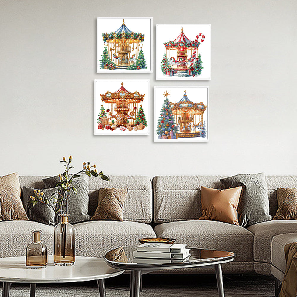 4 Pcs Carousel And Christmas Tree - Special Shaped Drill Diamond Painting 30*30CM