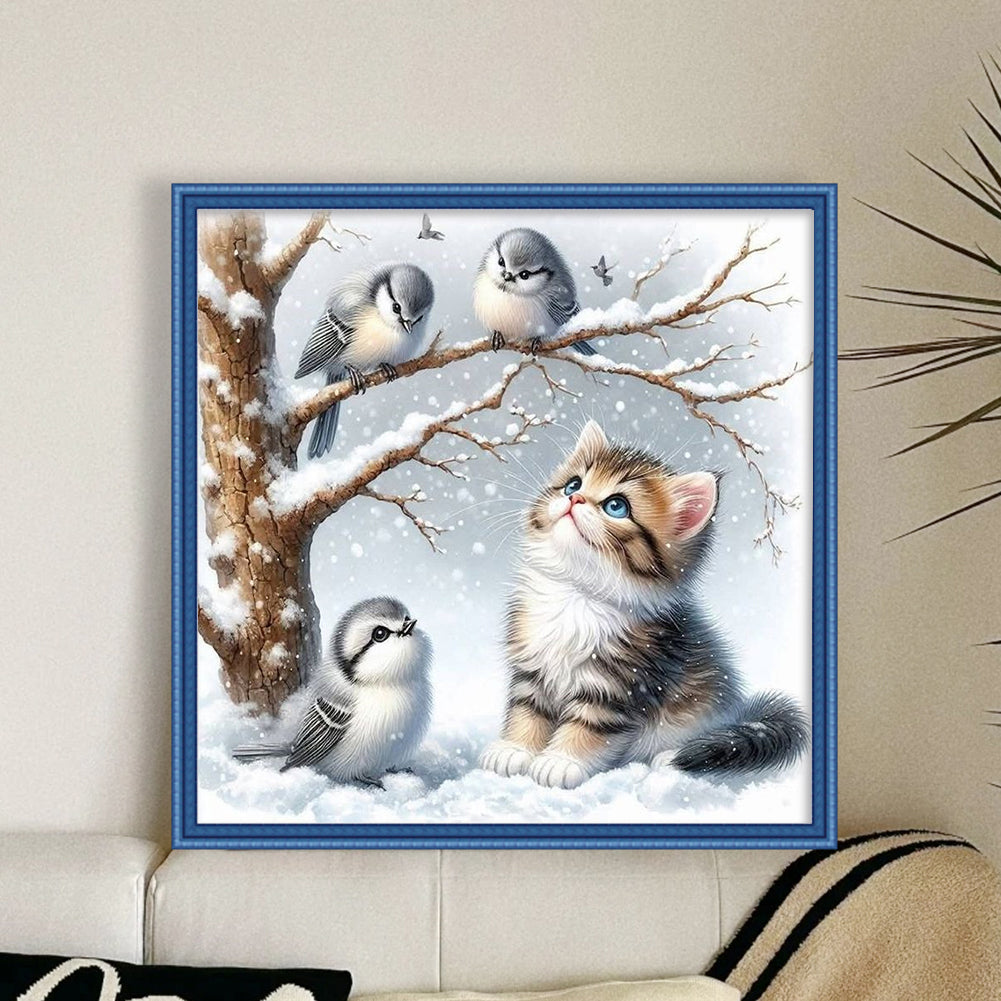 Winter Cat And Bird - 11CT Stamped Cross Stitch 40*40CM(Mona Lisa Brand)