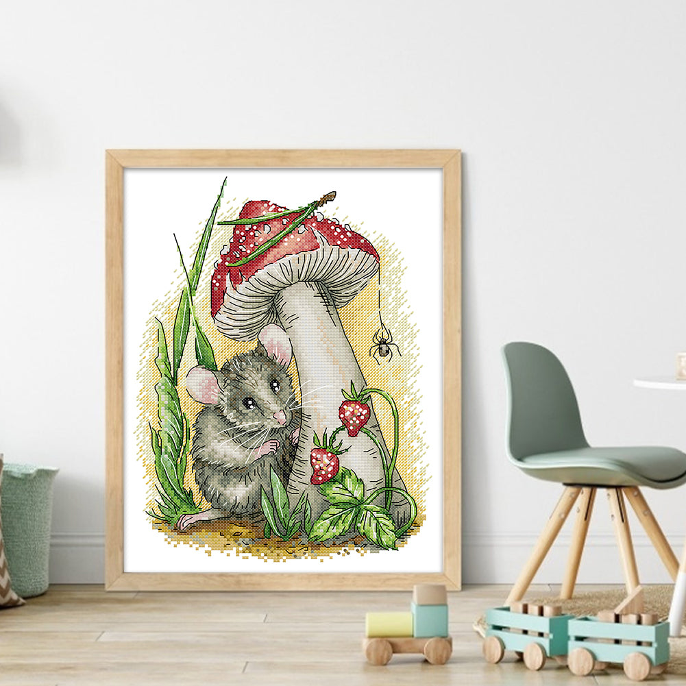 Mushroom-Strawberry-Mouse - 14CT Stamped Cross Stitch 26*32CM (Joy Sunday)