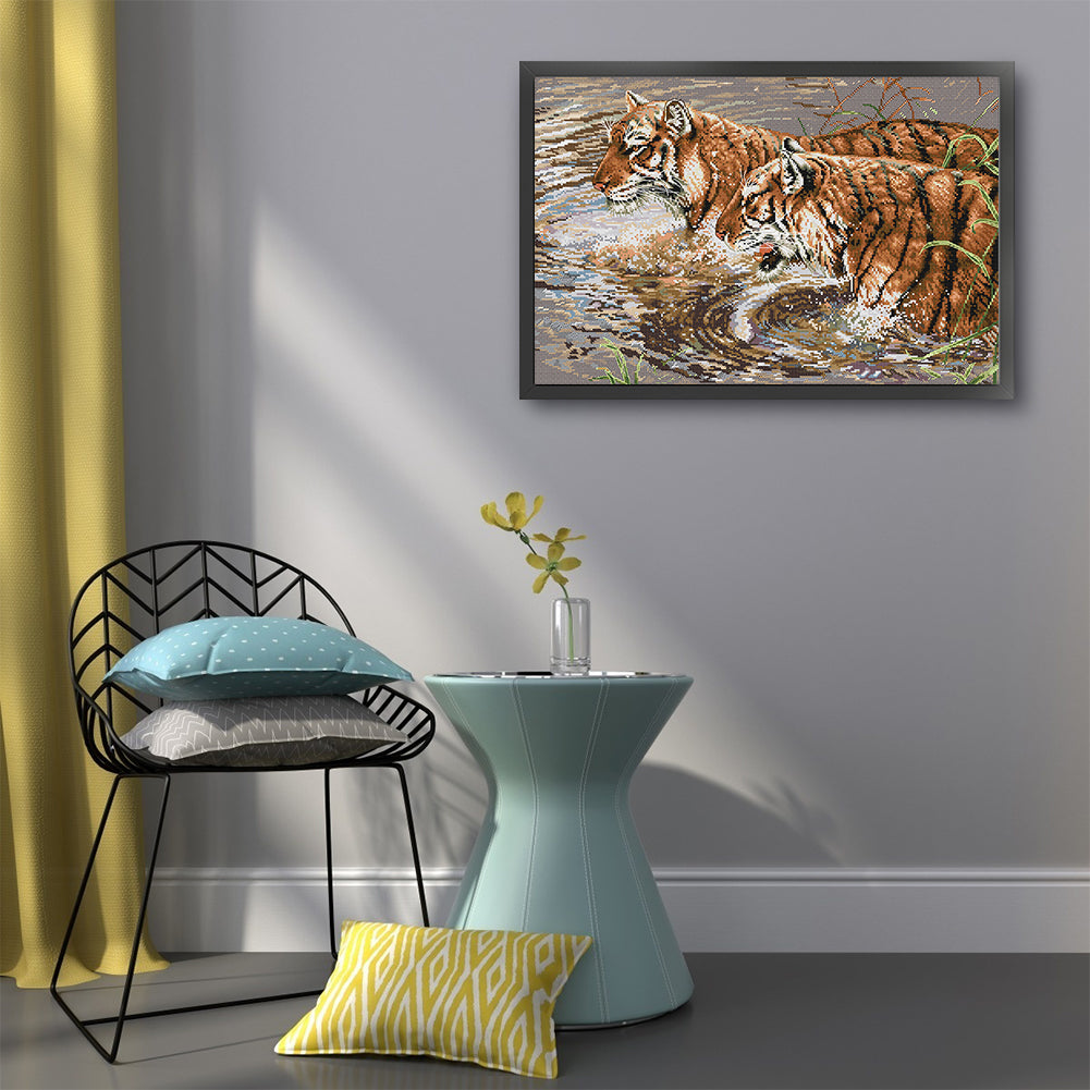 Two Tigers - 14CT Stamped Cross Stitch 56*41CM (Joy Sunday)