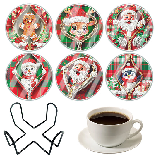 6pcs Set Xmas Theme DIY Diamond Painting Coasters Kit with Holder for Craft Gift