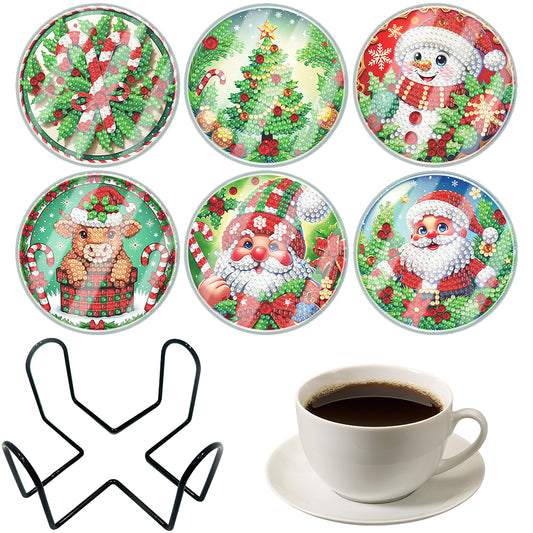 6pcs Set Xmas Theme DIY Diamond Painting Coasters Kit with Holder for Craft Gift