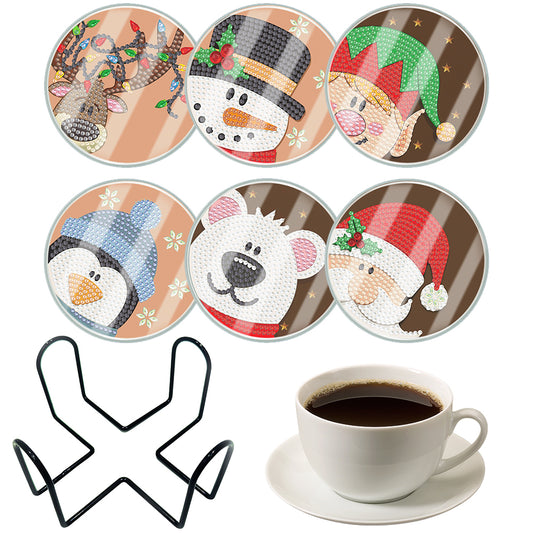 6pcs Set Xmas Theme DIY Diamond Painting Coasters Kit with Holder for Craft Gift