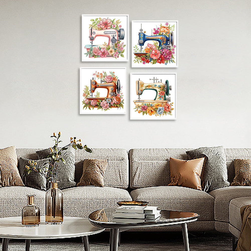 4Pcs Sewing Machine And Flower - Special Shaped Drill Diamond Painting 30*30CM