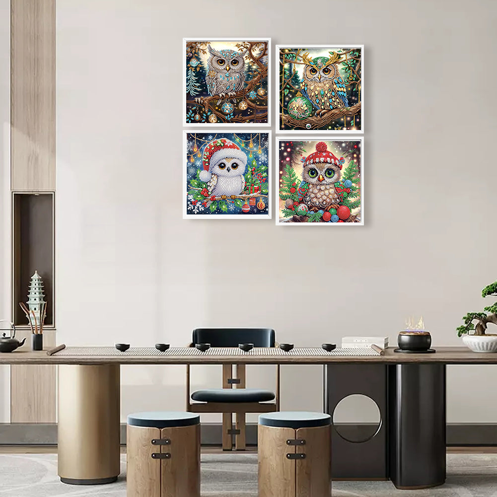 4Pcs Christmas Owl - Special Shaped Drill Diamond Painting 30*30CM