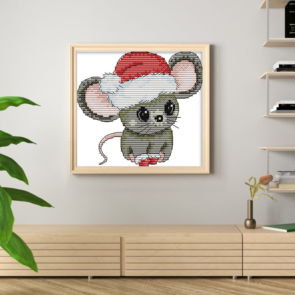 Little Mouse With Santa Hat - 11CT Stamped Cross Stitch 21*18CM(Joy Sunday)