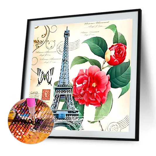 Eiffel Tower And Camellias - Full Round Drill Diamond Painting 30*30CM