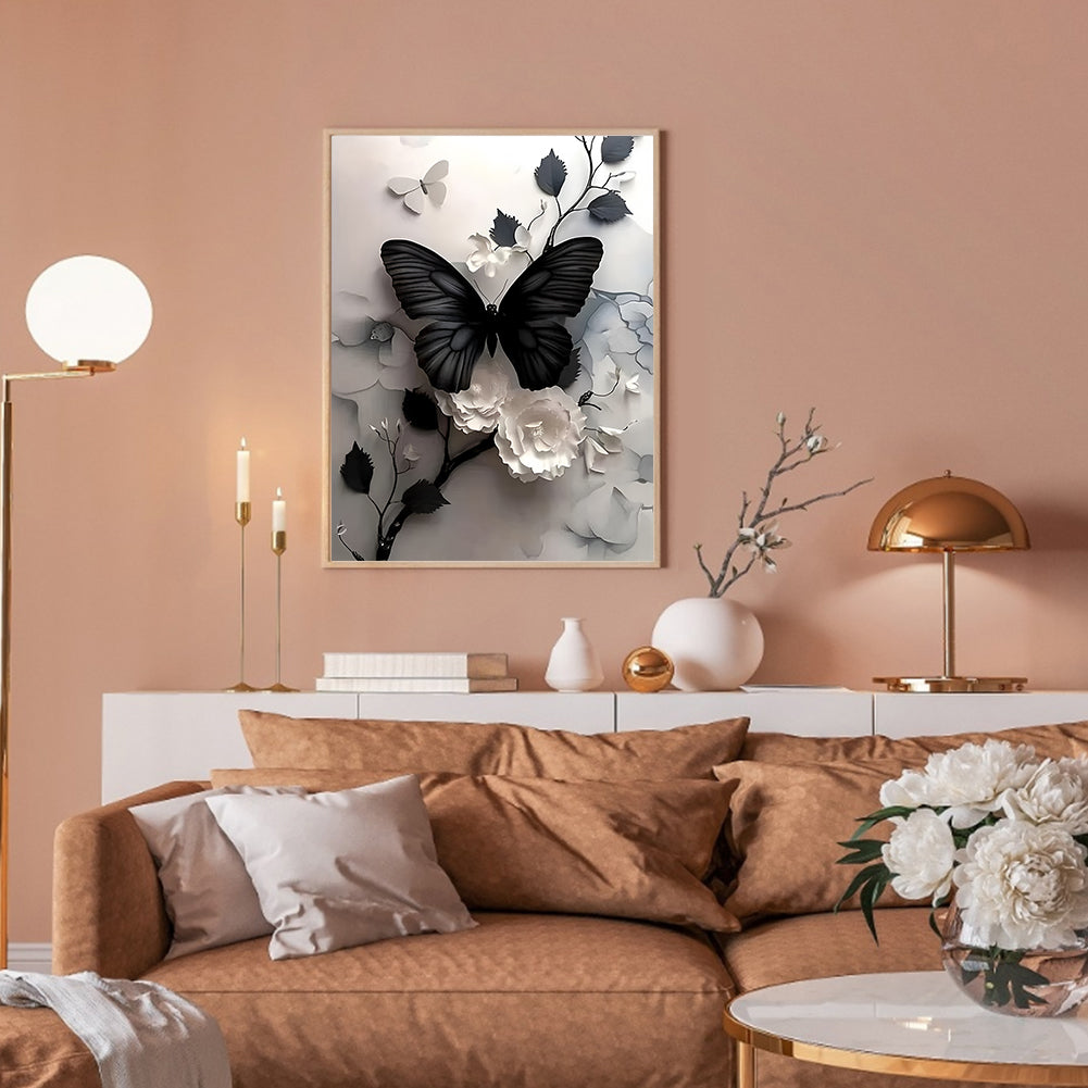 Black Butterfly - Full Round Drill Diamond Painting 30*40CM