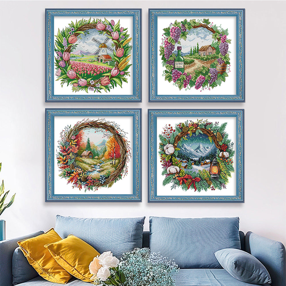 Seasonal Scenery In A Garland - 14CT Stamped Cross Stitch 40*40CM(Fairy Brand)