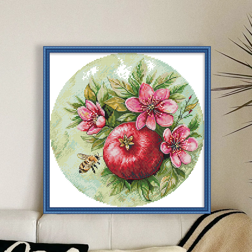 Pomegranate Blossoms And Bees - 11CT Stamped Cross Stitch 37*37CM(Joy Sunday)