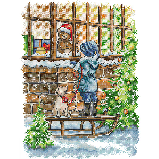 New Year'S Christmas Window Display - 14CT Stamped Cross Stitch 26*33CM(Joy Sunday)