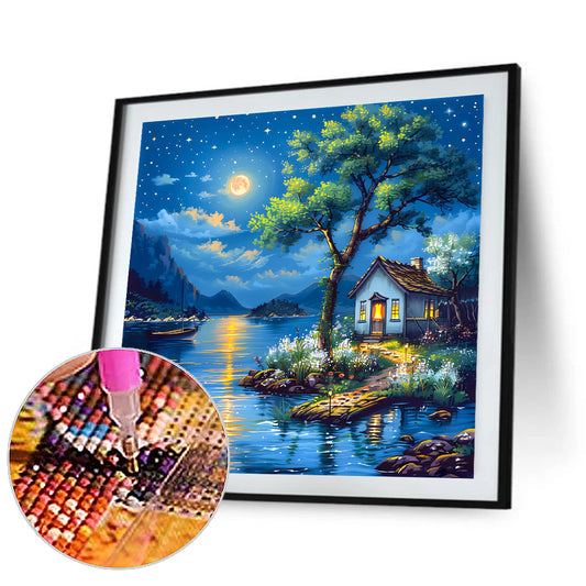 Lakeside Cabin At Night - Full Round Drill Diamond Painting 40*40CM