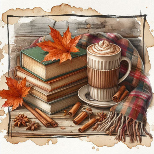 Autumn Maple Leaf Book With Hot Cocoa - Full Square Drill Diamond Painting 30*30CM