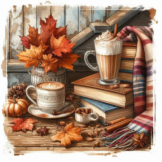Autumn Maple Leaf Book And Hot Cocoa - Full Square Drill Diamond Painting 30*30CM