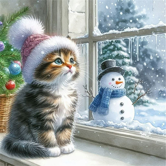 Window Cat Snowman - 11CT Stamped Cross Stitch 40*40CM