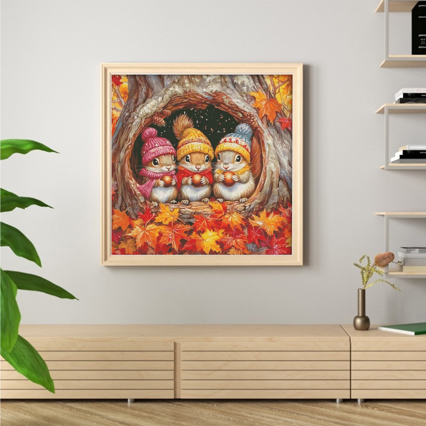 Three Little Squirrels In Autumn - 14CT Stamped Cross Stitch 65*65CM(Egyptian cotton)(Fairy Brand)