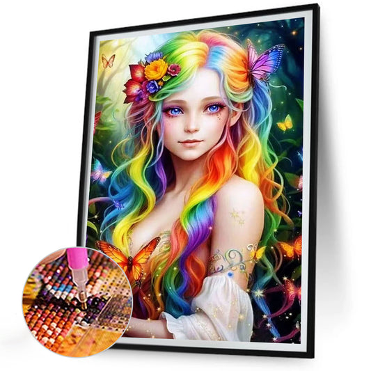 Girl With Colorful Hair - Full Round Drill Diamond Painting 30*40CM