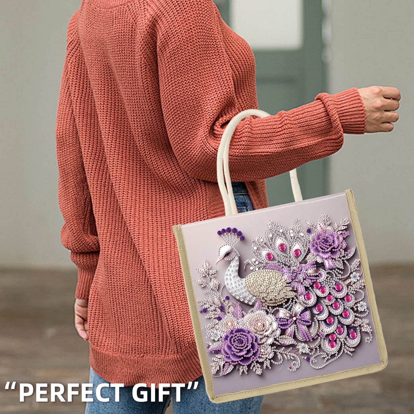 Diamond Painting Shopping Bag Diamond Tote Handbag Partial Drill (Peacock)