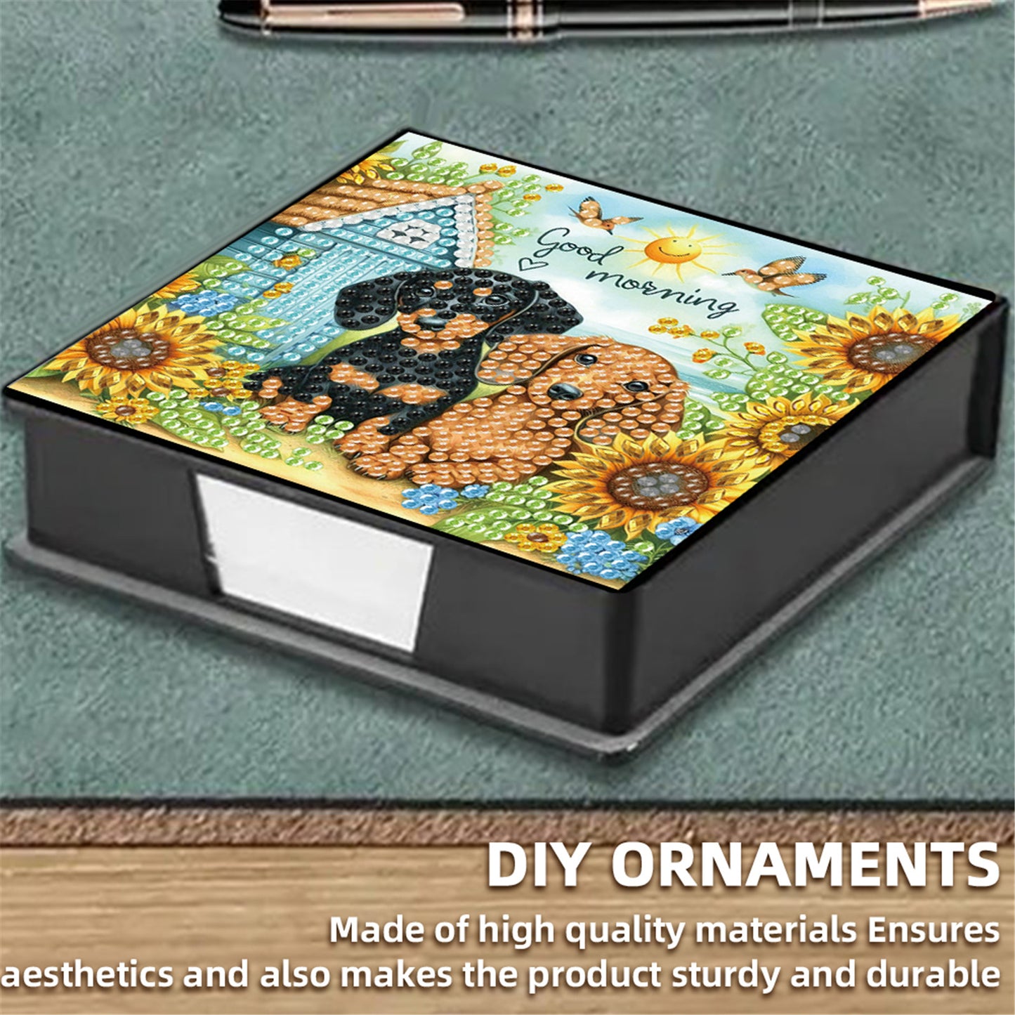5D Dachshund DIY PU Diamond Painting Notecard Box with 160 Sheets Paper Holder