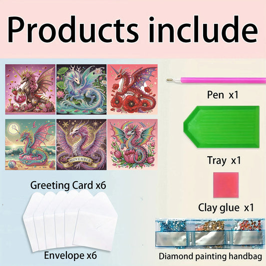 6pcs Dinosaur DIY Diamond Art Greeting Cards Thank You Cards Holiday Blessings