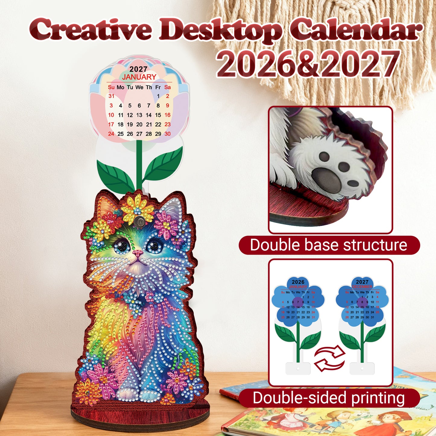2026 Calendar DIY Diamond Painting Kit Cat Wooden Diamond Painting Calendar