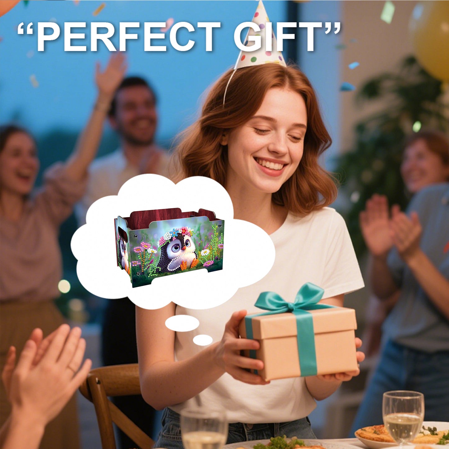 5D DIY Diamond Painting Decorative Storage Box Wood Storage Clutch (Penguin)