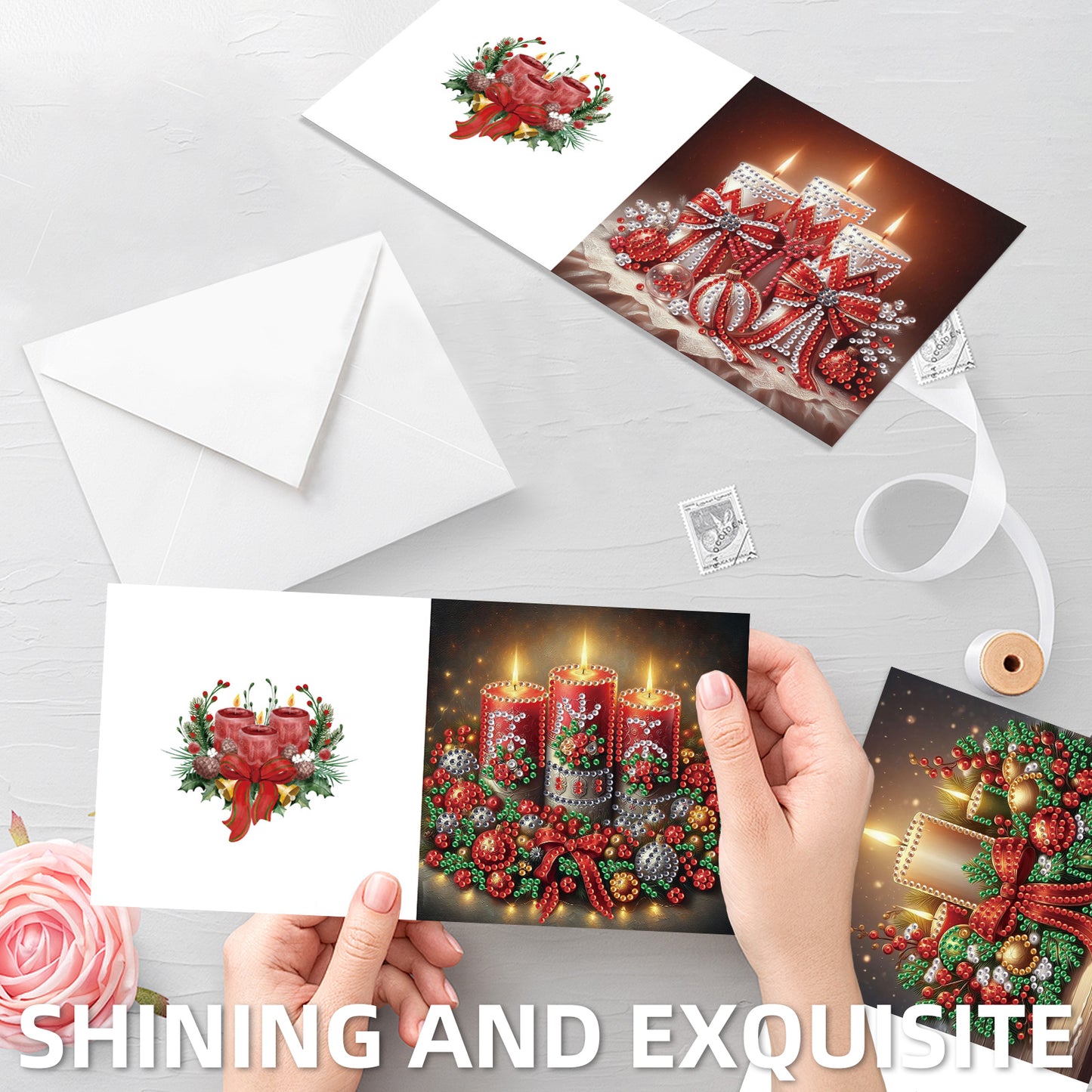 6PCS DIY Diamond Art Greeting Cards Christmas Candle Congratulations Cards Gift