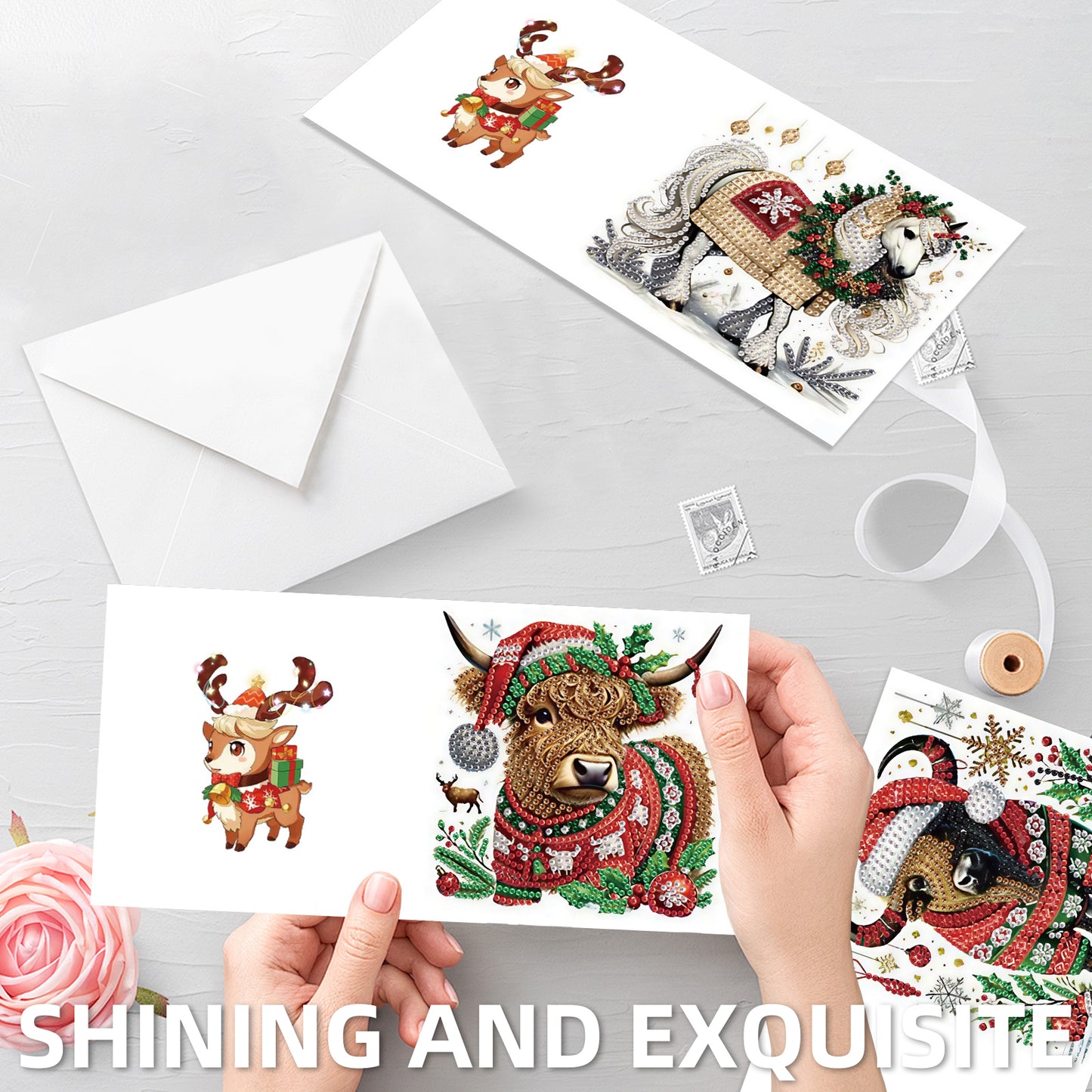 6PCS DIY Diamond Art Greeting Cards Christmas Animal Congratulations Cards Gift