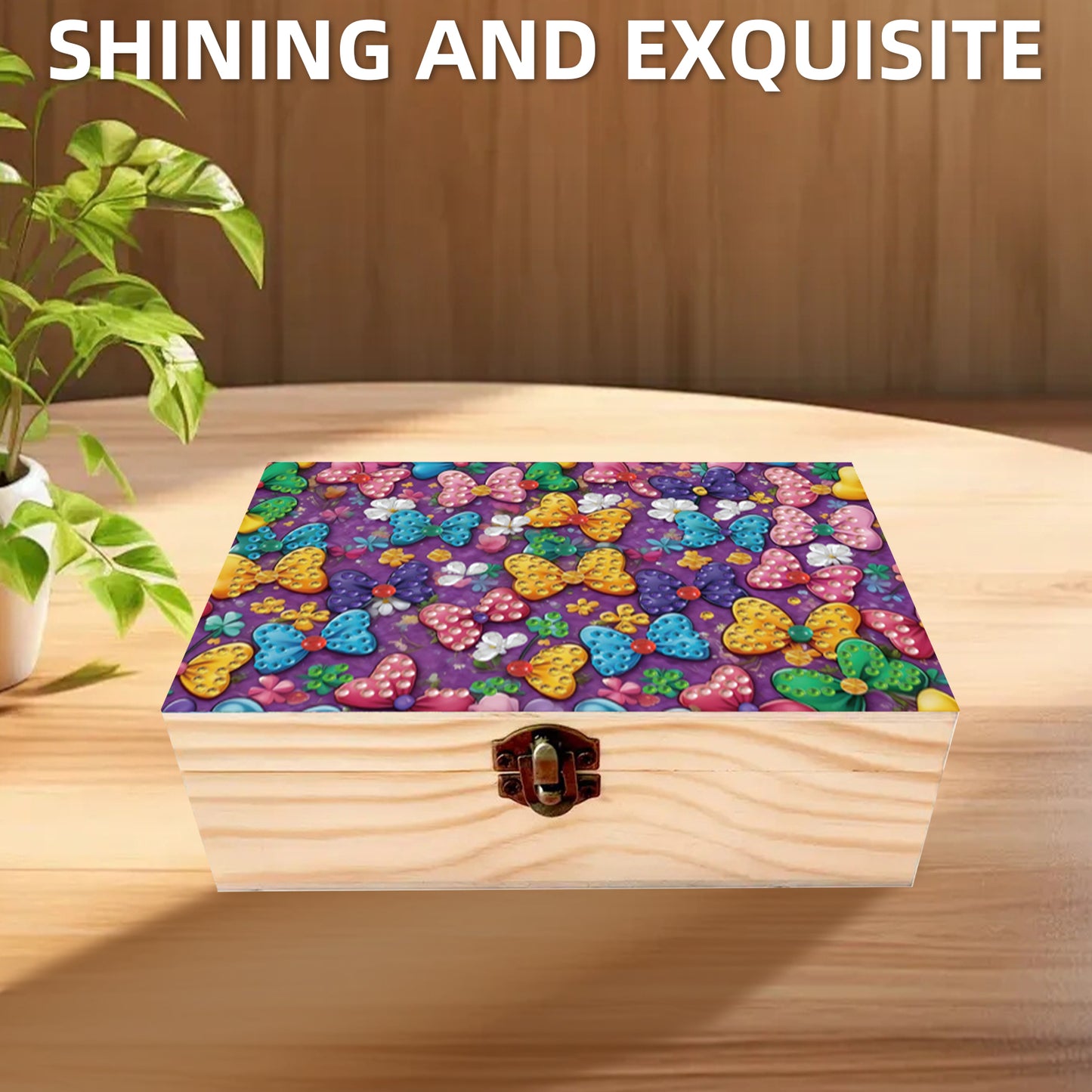 5D DIY Diamond Painting Handmade Wood Storage Box Crystal Storage Case (Bow)