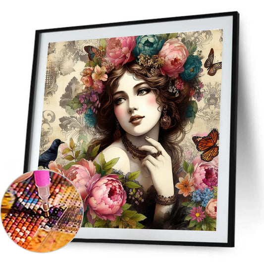 Vintage Girl And Flowers - Full Round Drill Diamond Painting 40*40CM