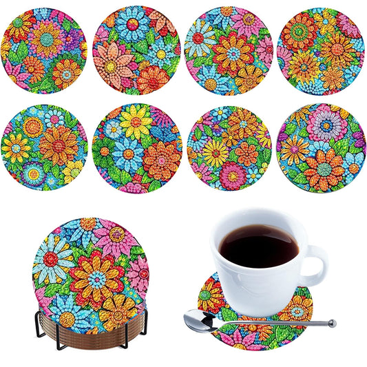 8pcs Cartoon DIY Diamond Painting Wooden Coasters Art Kits with Holder (Pattern)