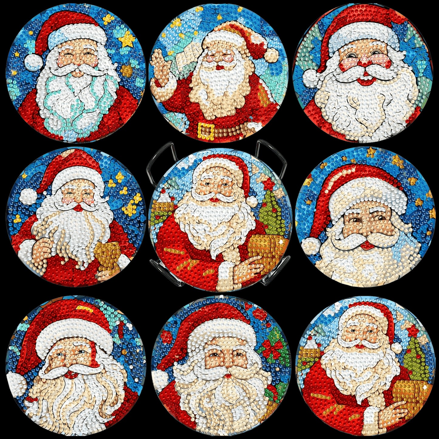 8pcs Cartoon DIY Diamond Painting Wooden Coasters Kits with Holder (Santa Claus)