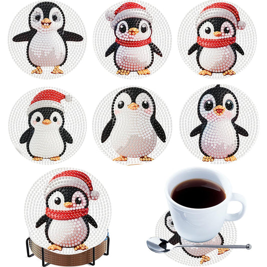 6pcs Cartoon DIY Diamond Painting Wooden Coasters Art Kits with Holder (Penguin)