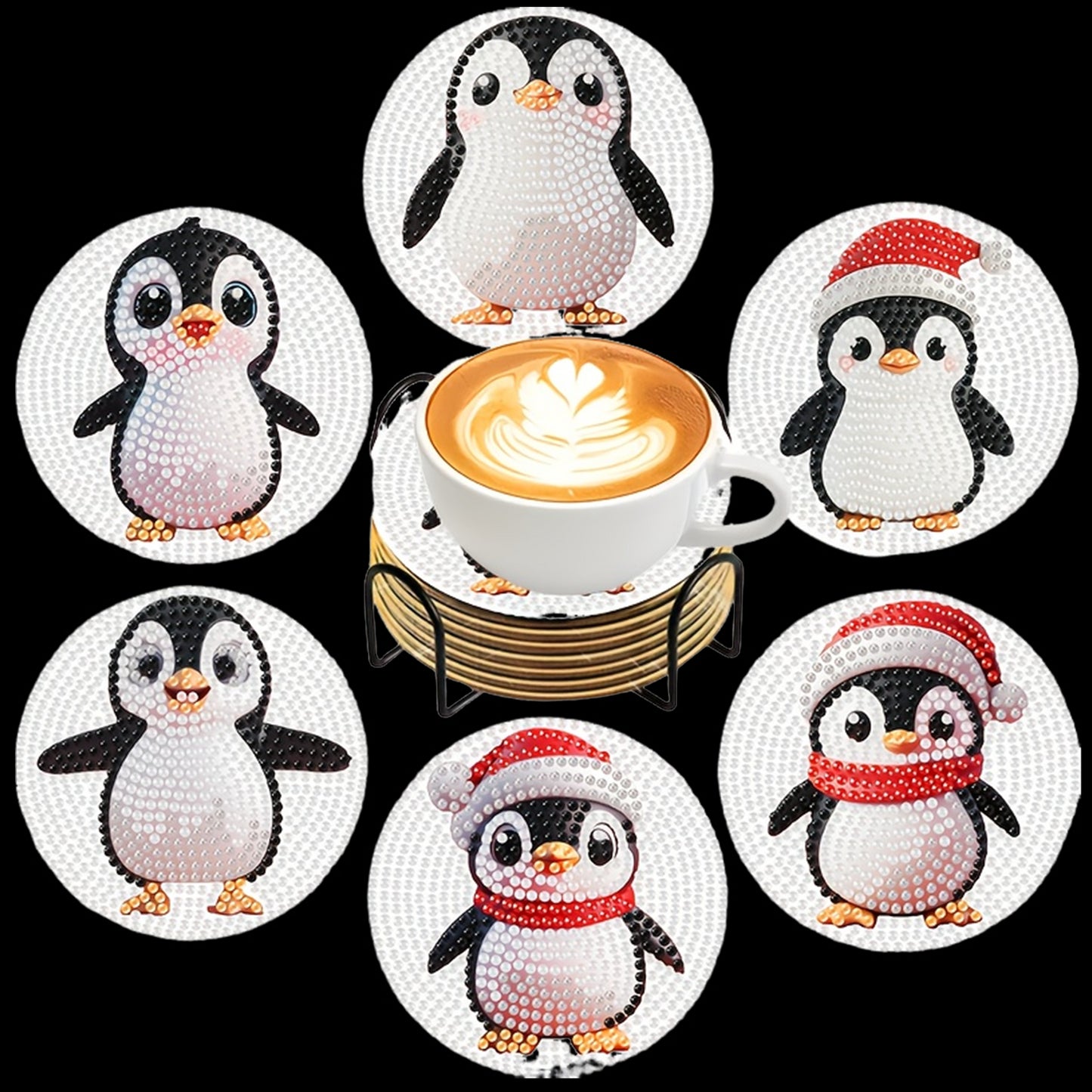 6pcs Cartoon DIY Diamond Painting Wooden Coasters Art Kits with Holder (Penguin)
