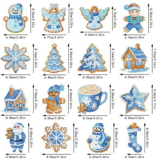 16pcs 2D DIY Double Side Diamond Painting Keychains for Decor Crafts (Winter)