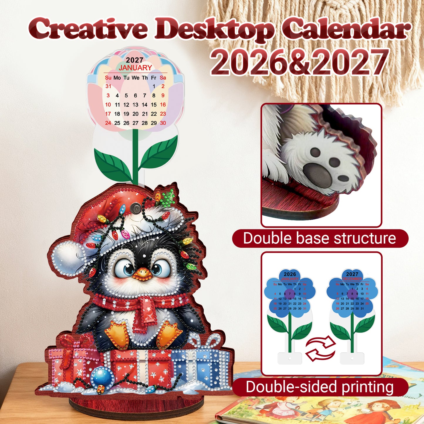 2026-2027 Penguin Wooden DIY 5D Diamond Painting Calendar for Home Office Decor