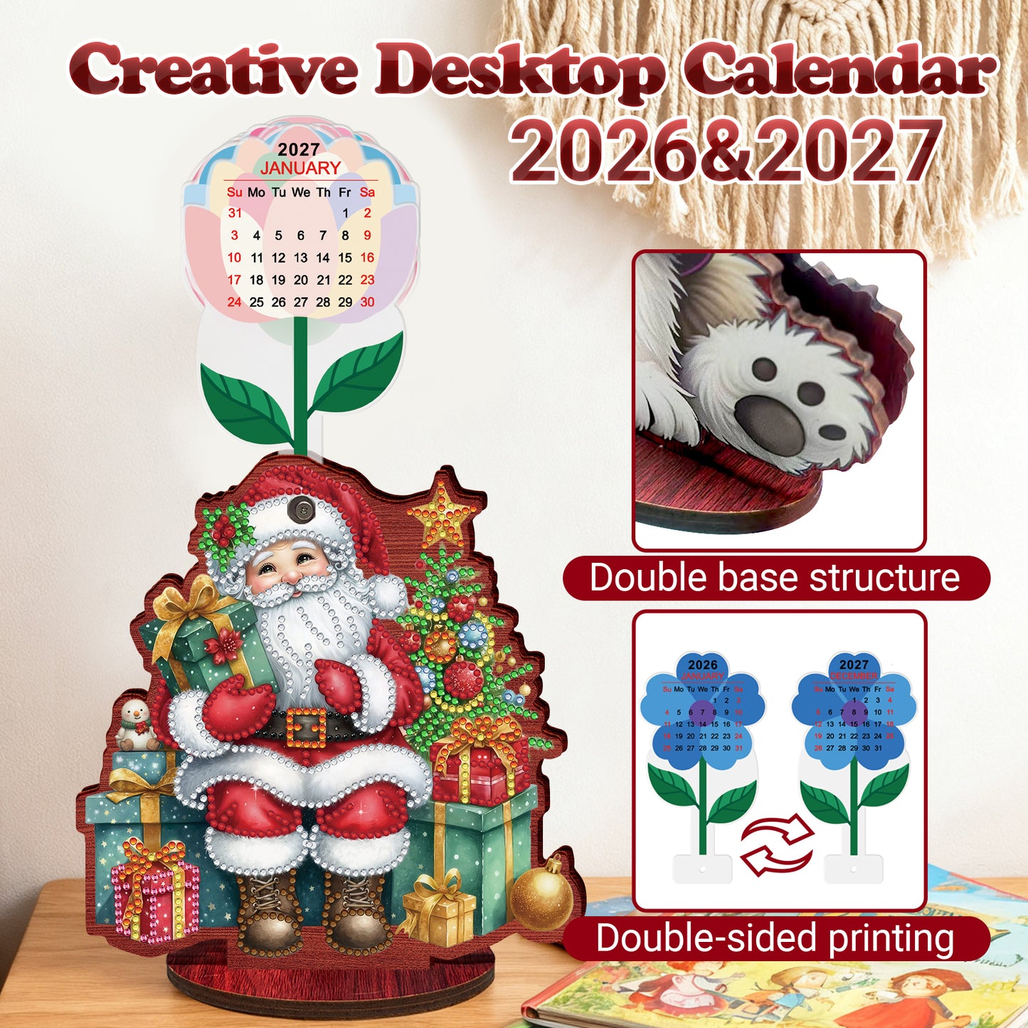 2026-2027 Santa Claus Wooden DIY 5D Diamond Painting Calendar for Home Decor