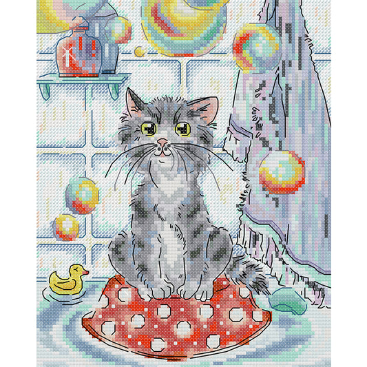 Cat And Soap Bubbles - 14CT Stamped Cross Stitch 21*27CM (Joy Sunday)