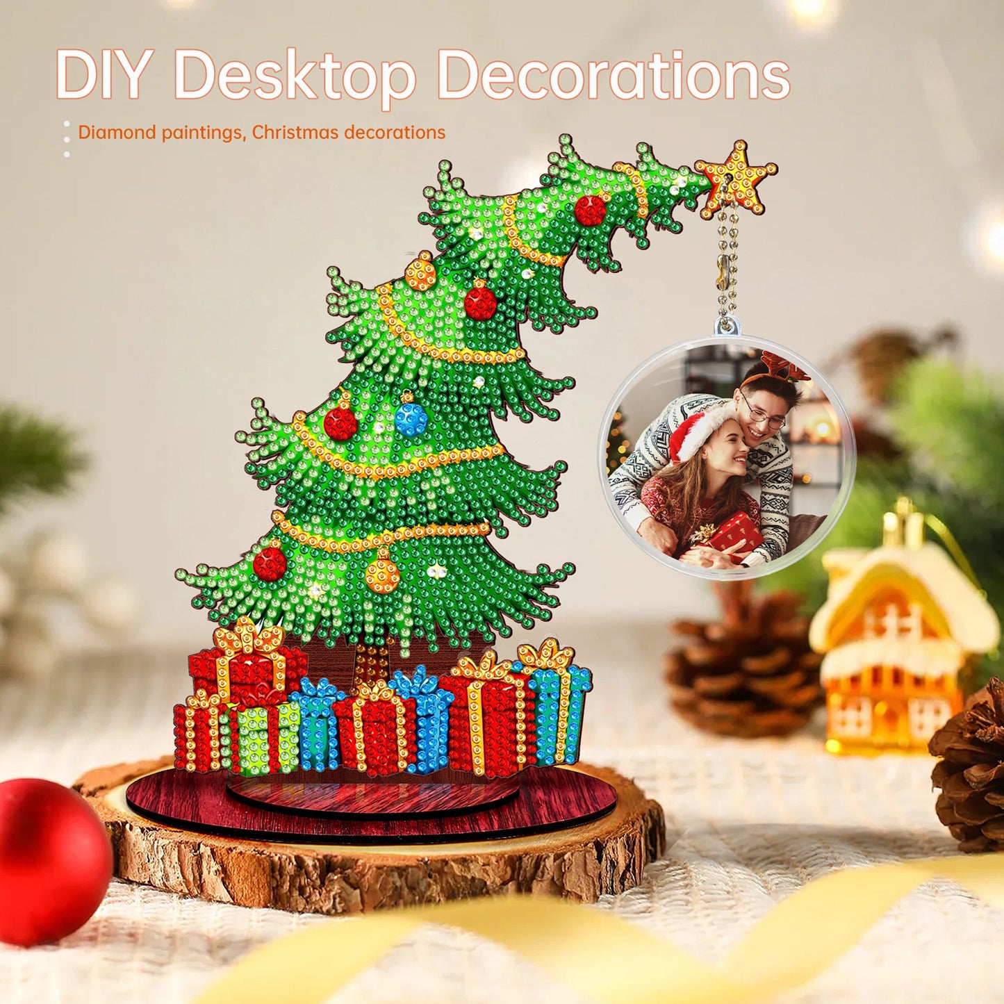 Christmas Tree DIY 2D Flat Wooden Desktop Diamond Art Kit for Adults Beginner(G)