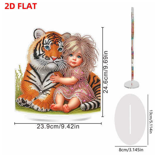 2D Flat DIY Tiger and Girl Acrylic Diamond Painting Tabletop Ornaments Kit Gifts