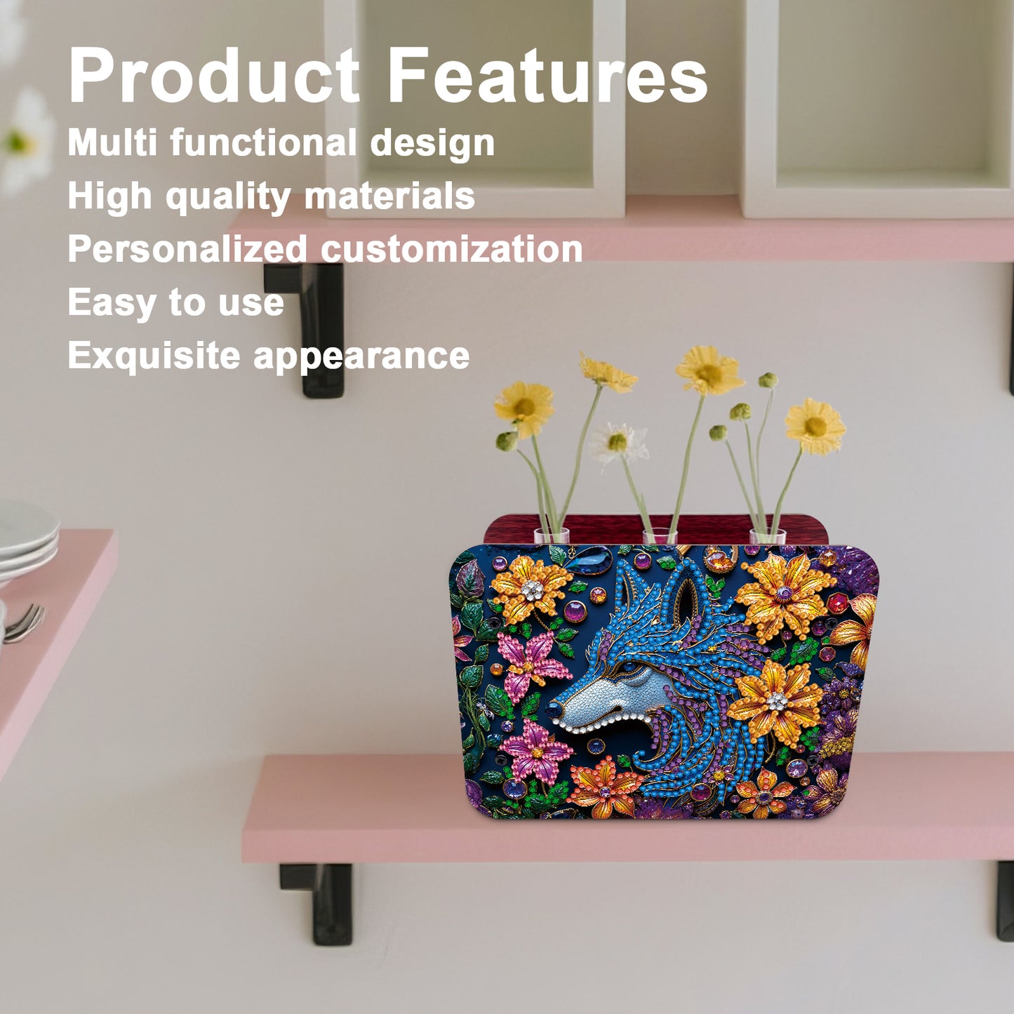 Wolf DIY Flower Vase Wooden Double Sided Desktop Diamond Art Kit for Home Decor