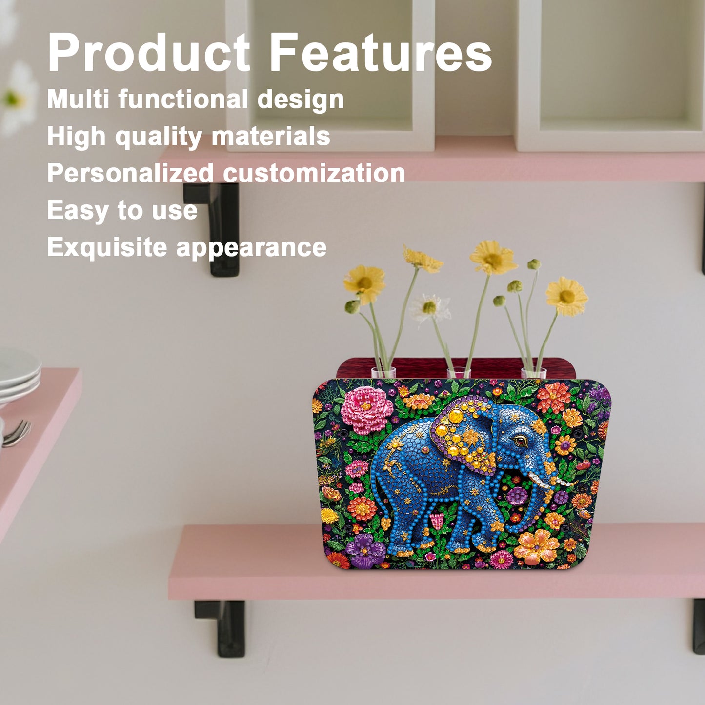 Elephant DIY Flower Vase Wooden Double Sided Desktop Diamond Art Kit Home Decor