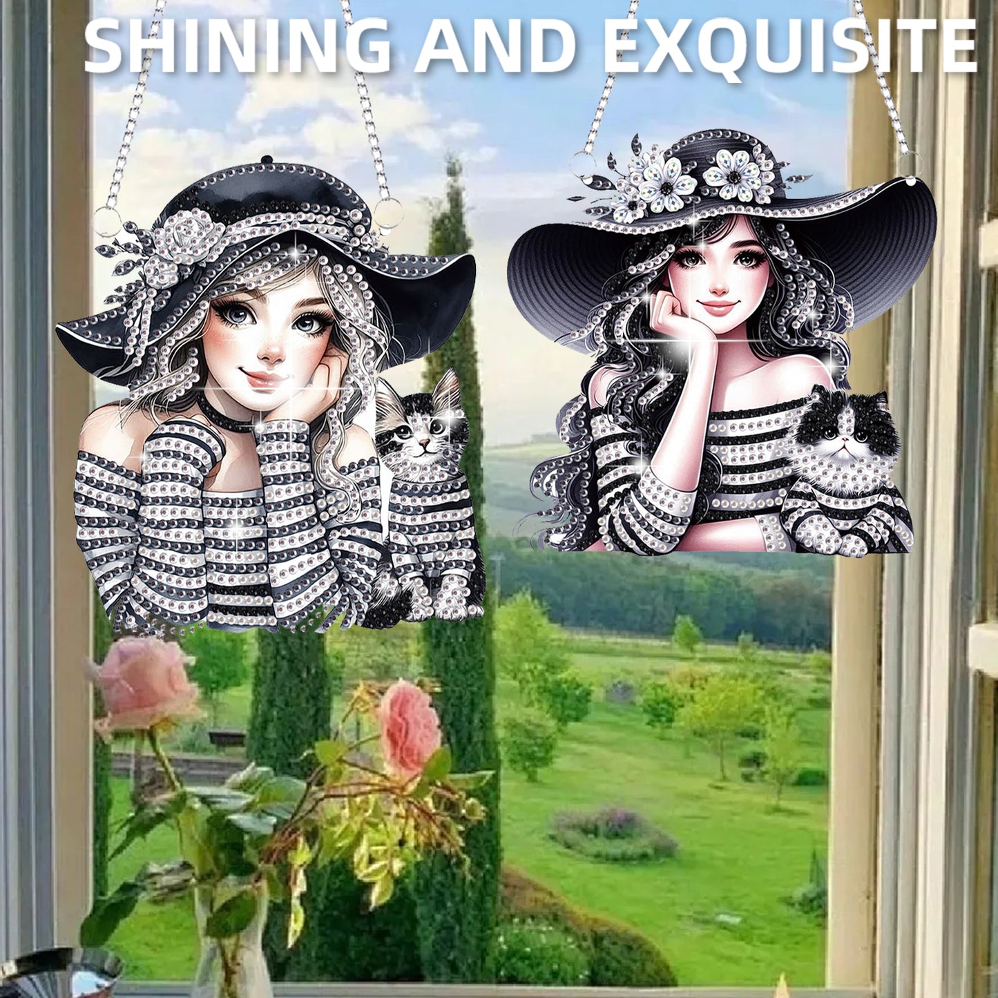 2Pcs Girl 2D Flat DIY Hanging Diamond Art Ornament Window Pendant (Stripes)