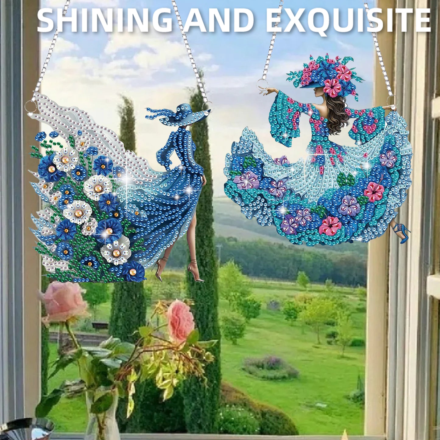 2Pcs Girl 2D Flat DIY Hanging Diamond Art Ornament Window Pendant (Floral Skirt)