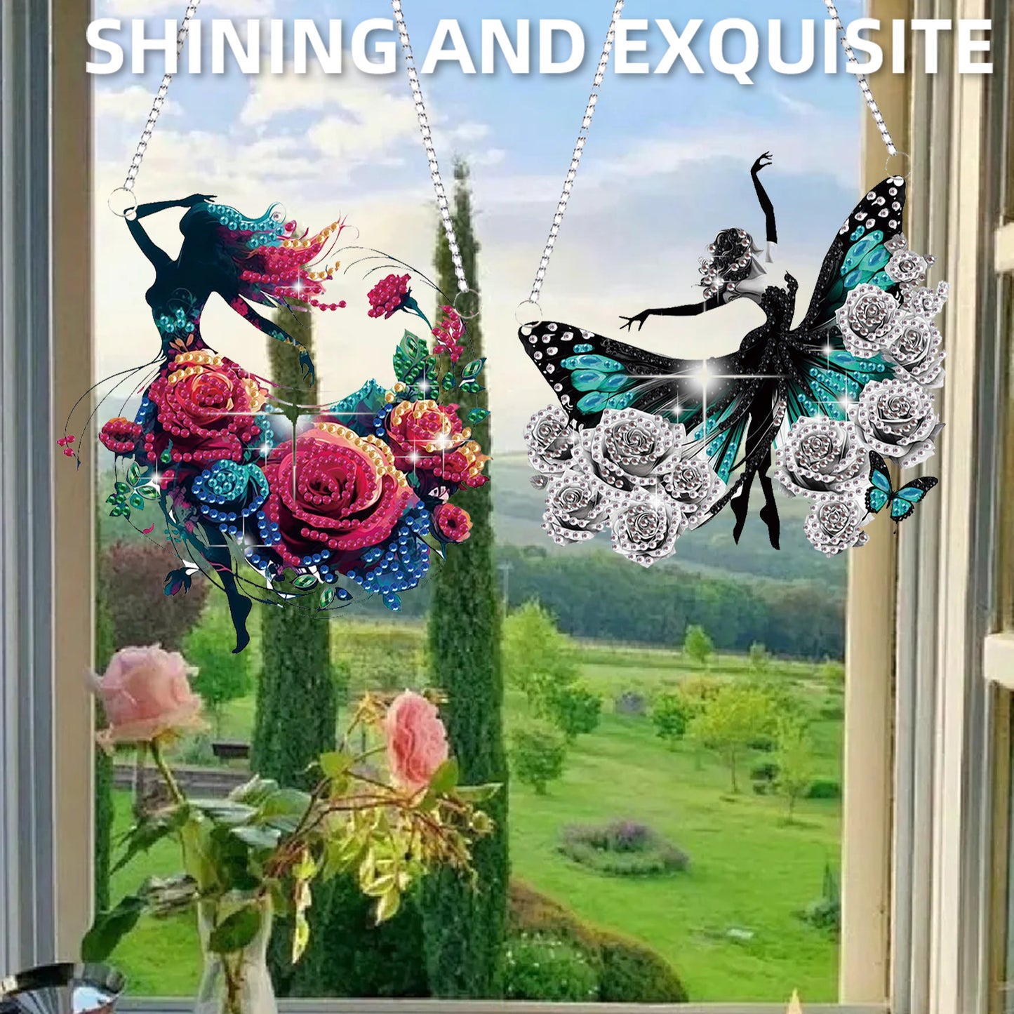 2Pcs Girl 2D Flat DIY Hanging Diamond Art Ornament Window Pendant (Floral Skirt)