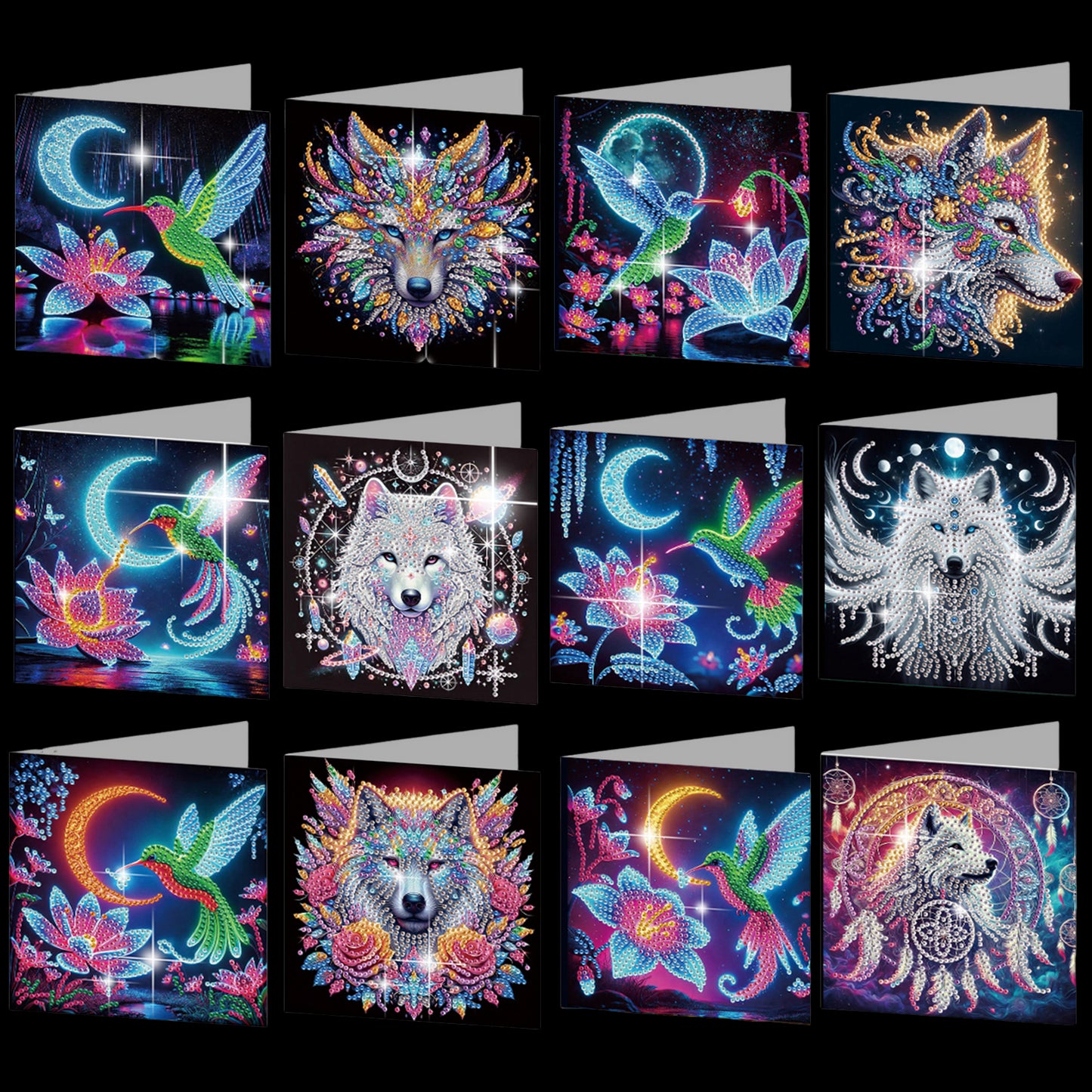 12PCS Hummingbird Wolf DIY Diamond Painting Greeting Card Set with Envelopes