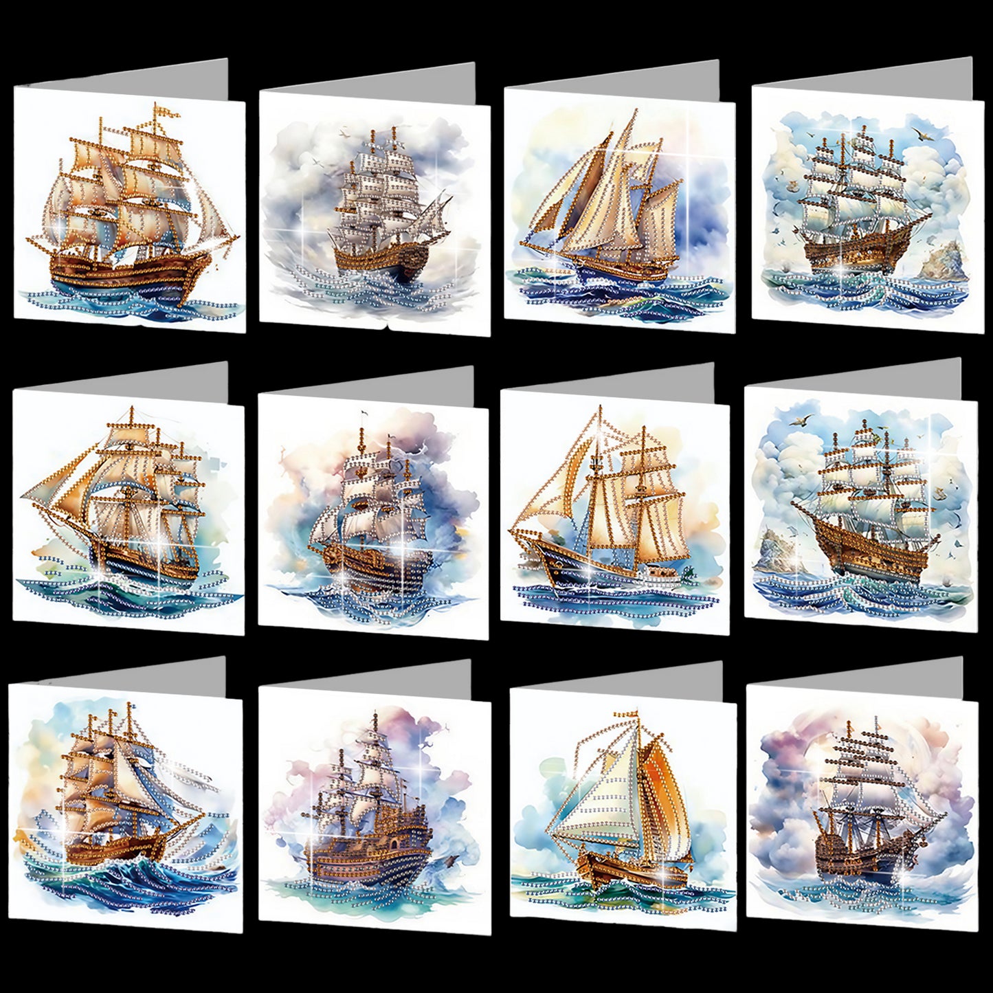 12PCS Sea Sailing Boat DIY Diamond Painting Greeting Card Set with Envelopes