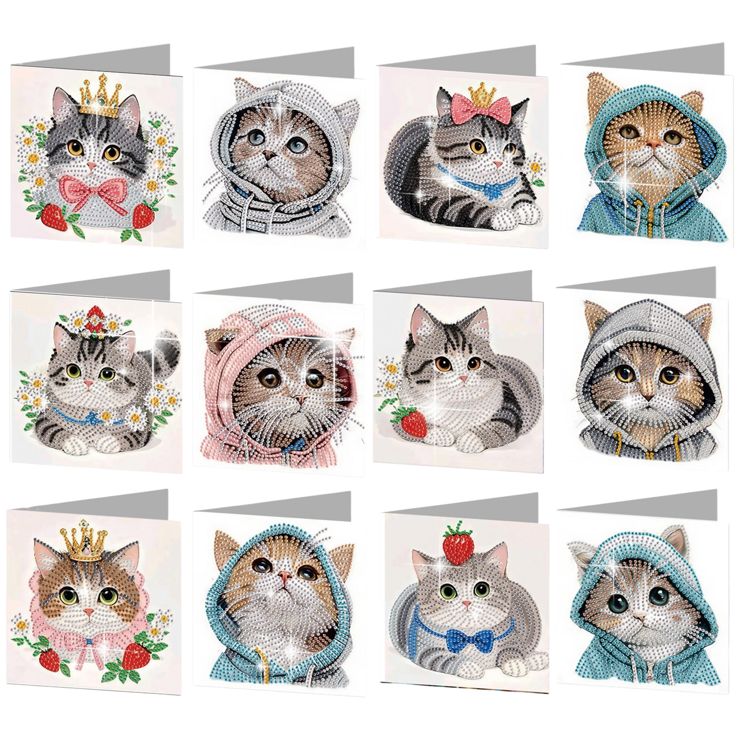 12PCS Cute Kitten DIY Diamond Painting Greeting Card Set with Envelopes